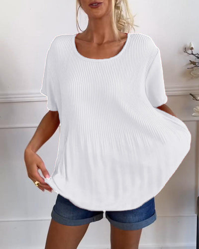 Plain round neck pleated blouse