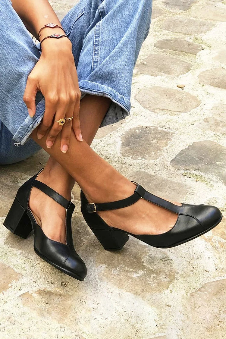 Solid Color T-Bar Black Chunky Heels