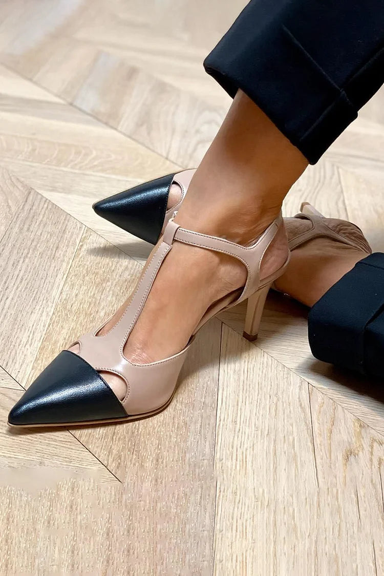 Beige stiletto heels with pointed toes