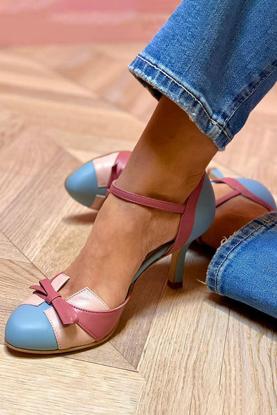 Round toe high heels with color block bow and ankle strap