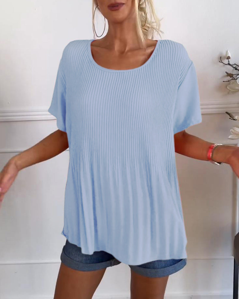 Plain round neck pleated blouse