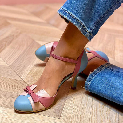 Round toe high heels with color block bow and ankle strap