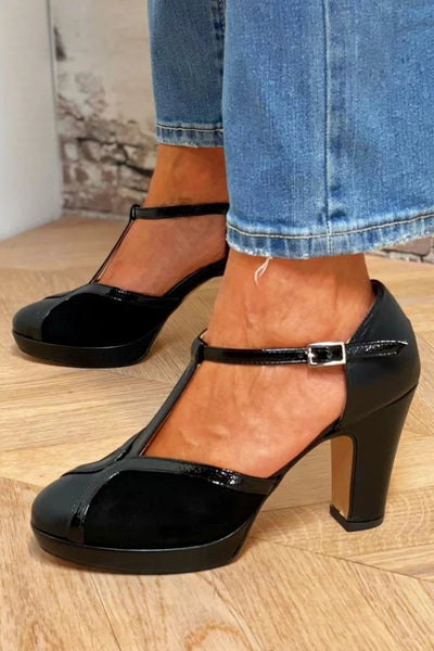 Colorblock Closed Toe Black Chunky Heels