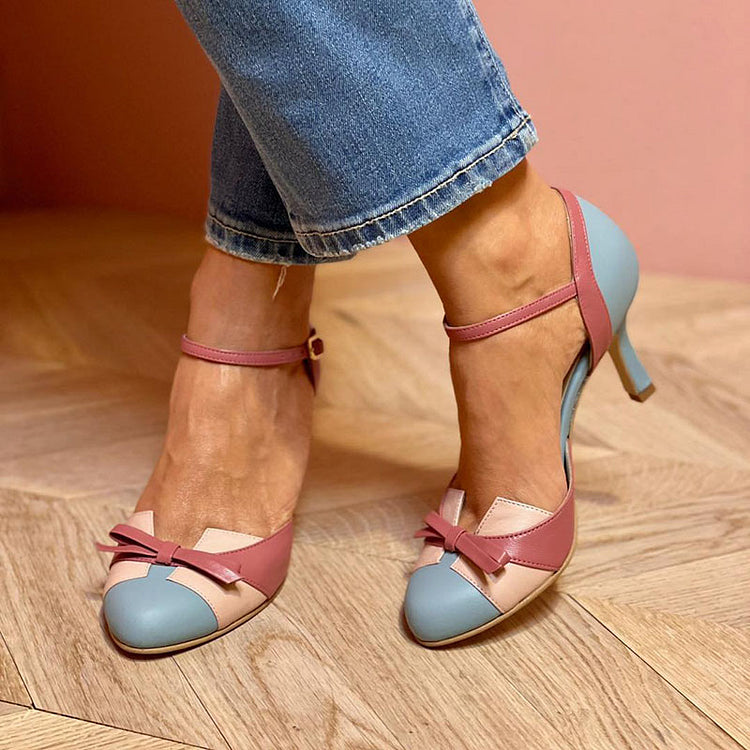 Round toe high heels with color block bow and ankle strap