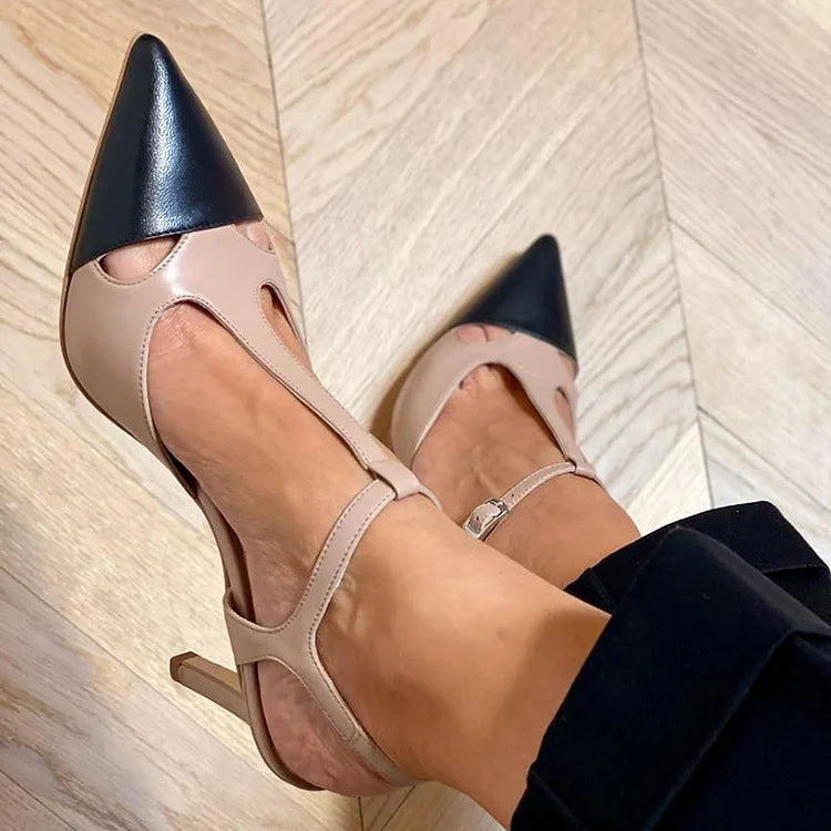 Beige stiletto heels with pointed toes