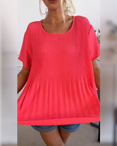 Plain round neck pleated blouse