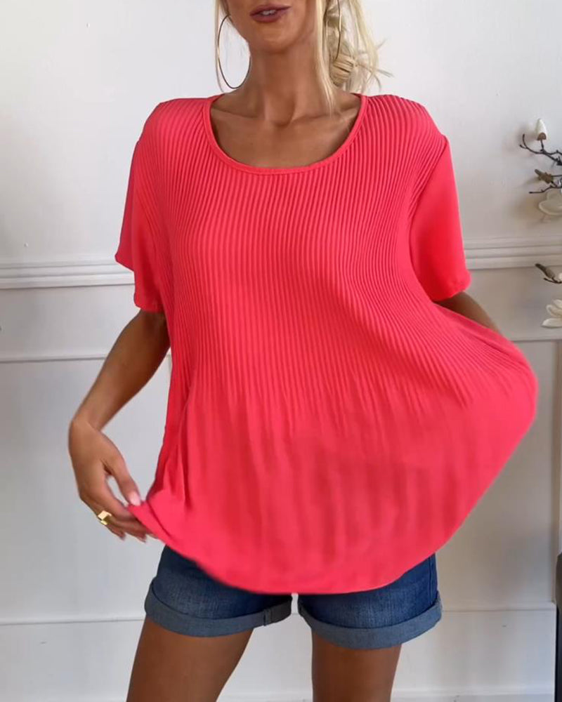 Plain round neck pleated blouse