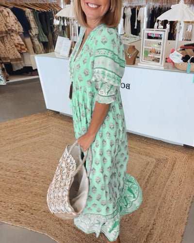 Verona – Printed V-Neck Dress with Half Sleeves & Effortless Style