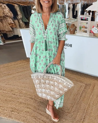 Verona – Printed V-Neck Dress with Half Sleeves & Effortless Style