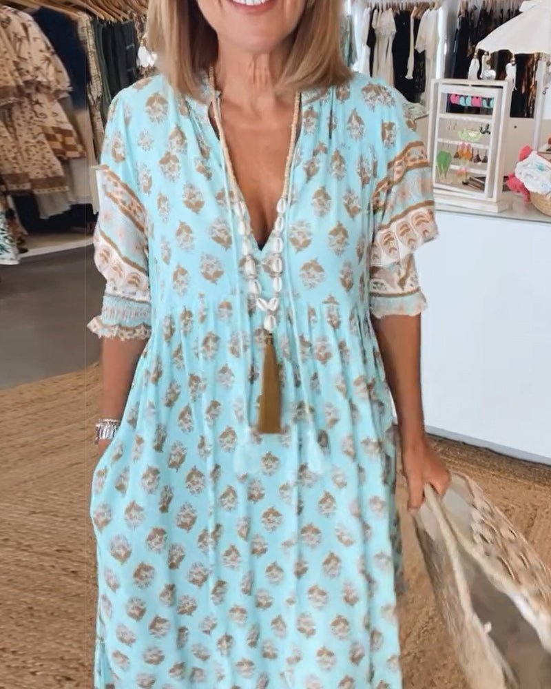 Verona – Printed V-Neck Dress with Half Sleeves & Effortless Style