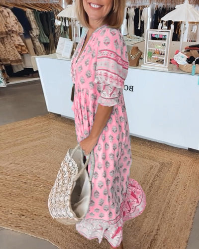 Verona – Printed V-Neck Dress with Half Sleeves & Effortless Style