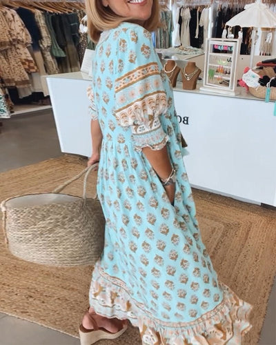 Verona – Printed V-Neck Dress with Half Sleeves & Effortless Style