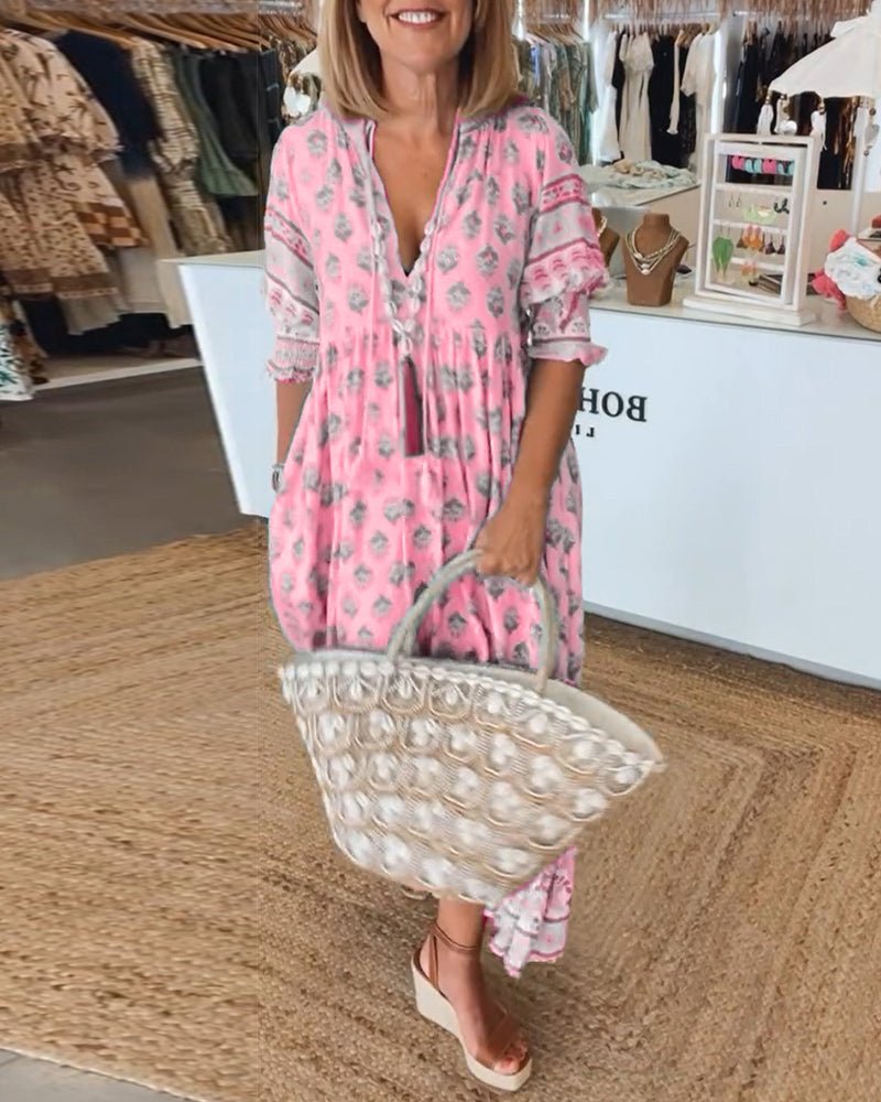 Verona – Printed V-Neck Dress with Half Sleeves & Effortless Style