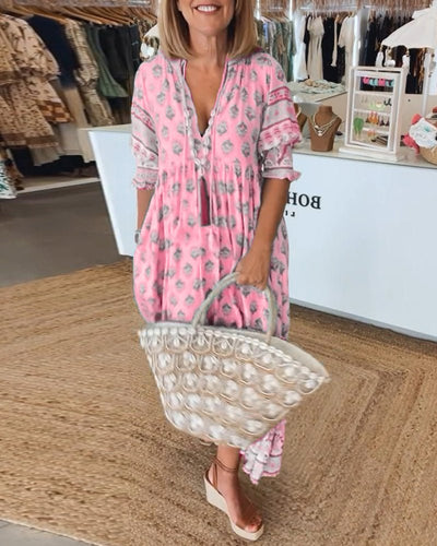 Verona – Printed V-Neck Dress with Half Sleeves & Effortless Style