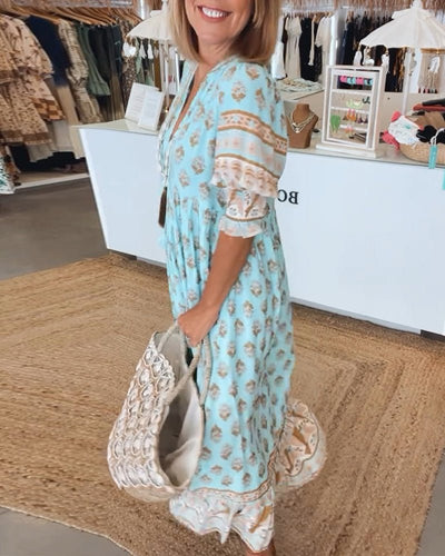 Verona – Printed V-Neck Dress with Half Sleeves & Effortless Style
