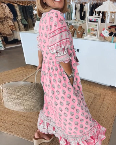 Verona – Printed V-Neck Dress with Half Sleeves & Effortless Style