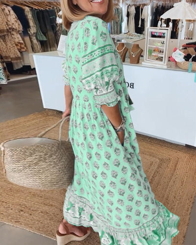 Verona – Printed V-Neck Dress with Half Sleeves & Effortless Style